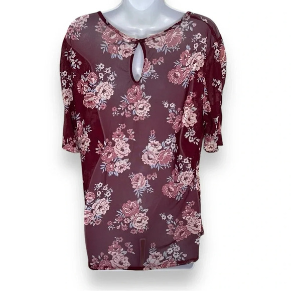 Burgundy Floral Print Mesh Blouse 3X (XXXL) Women’s Top- No Boundaries - Picture 2 of 9